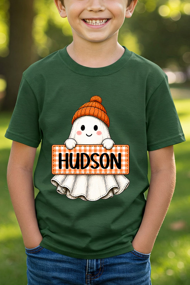Youth Personalized Gingham Ghost Short Sleeve Relaxed Fit T-Shirt *Enter Kid's Name