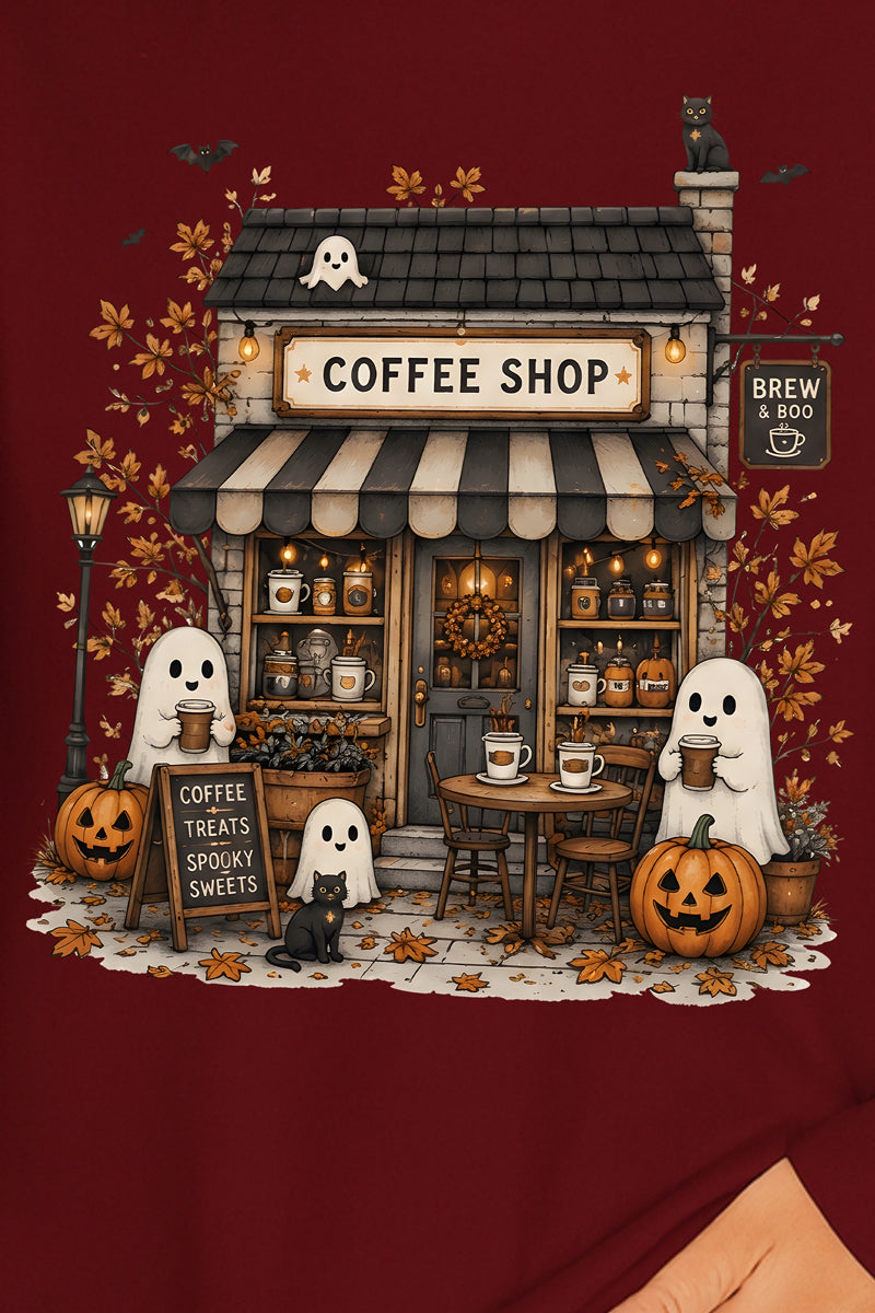 Brew & Boo Coffee Shop Heavy Cotton Long Sleeve Adult T-Shirt