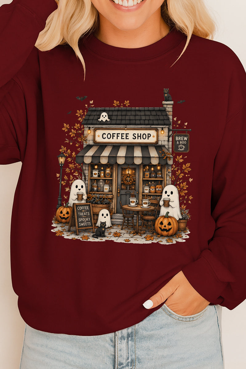Brew & Boo Coffee Shop Heavy Cotton Long Sleeve Adult T-Shirt