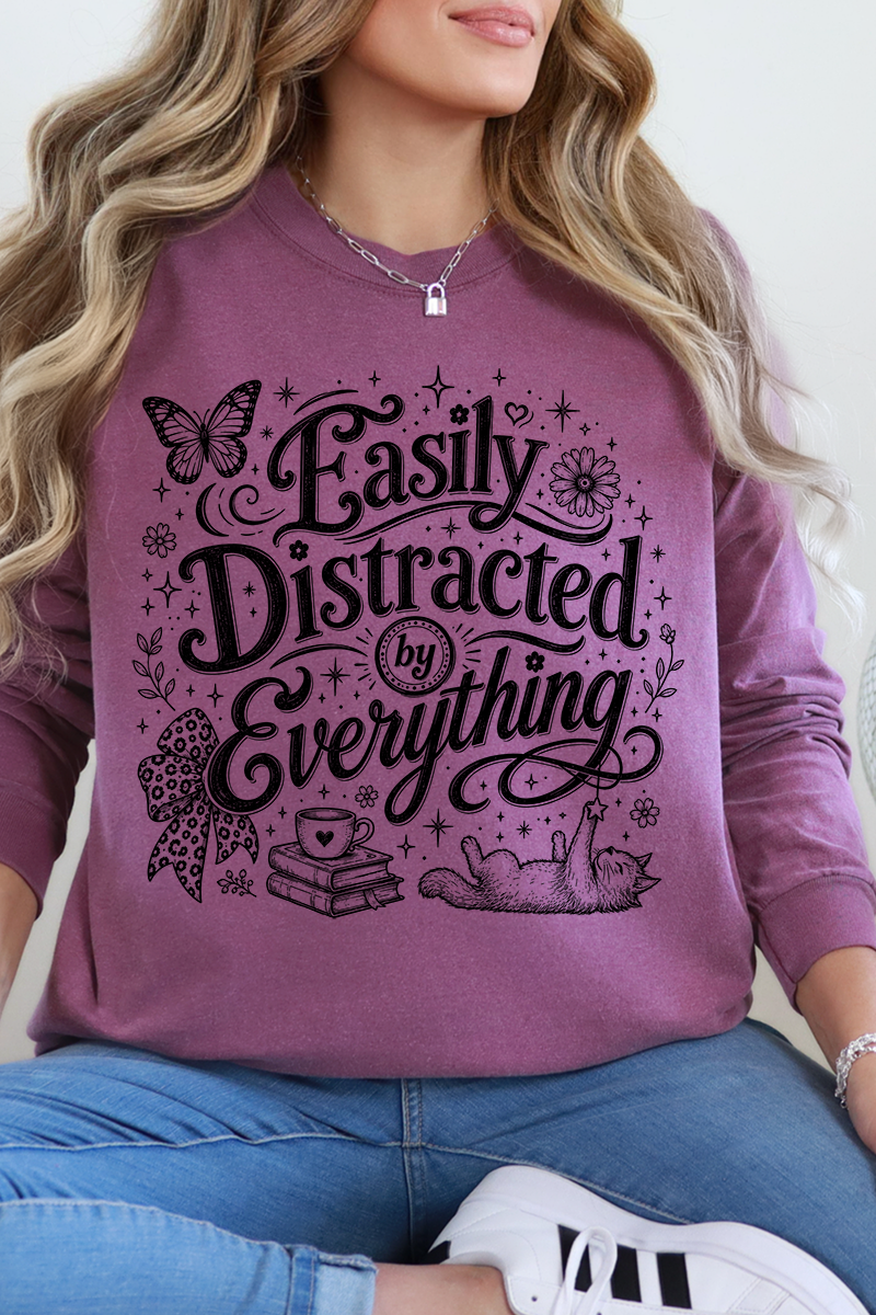 Black Easily Distracted By Everything Comfort Colors Heavyweight Long T-Shirt