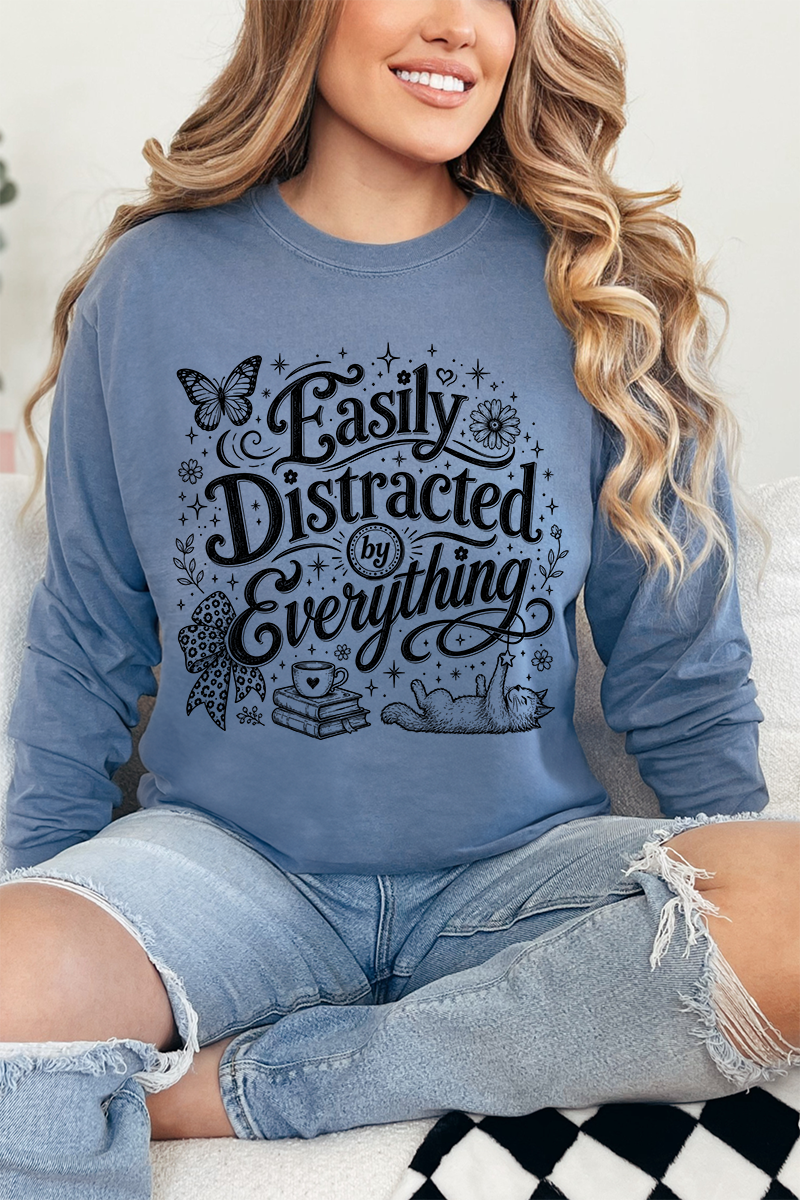 Black Easily Distracted By Everything Comfort Colors Heavyweight Long T-Shirt