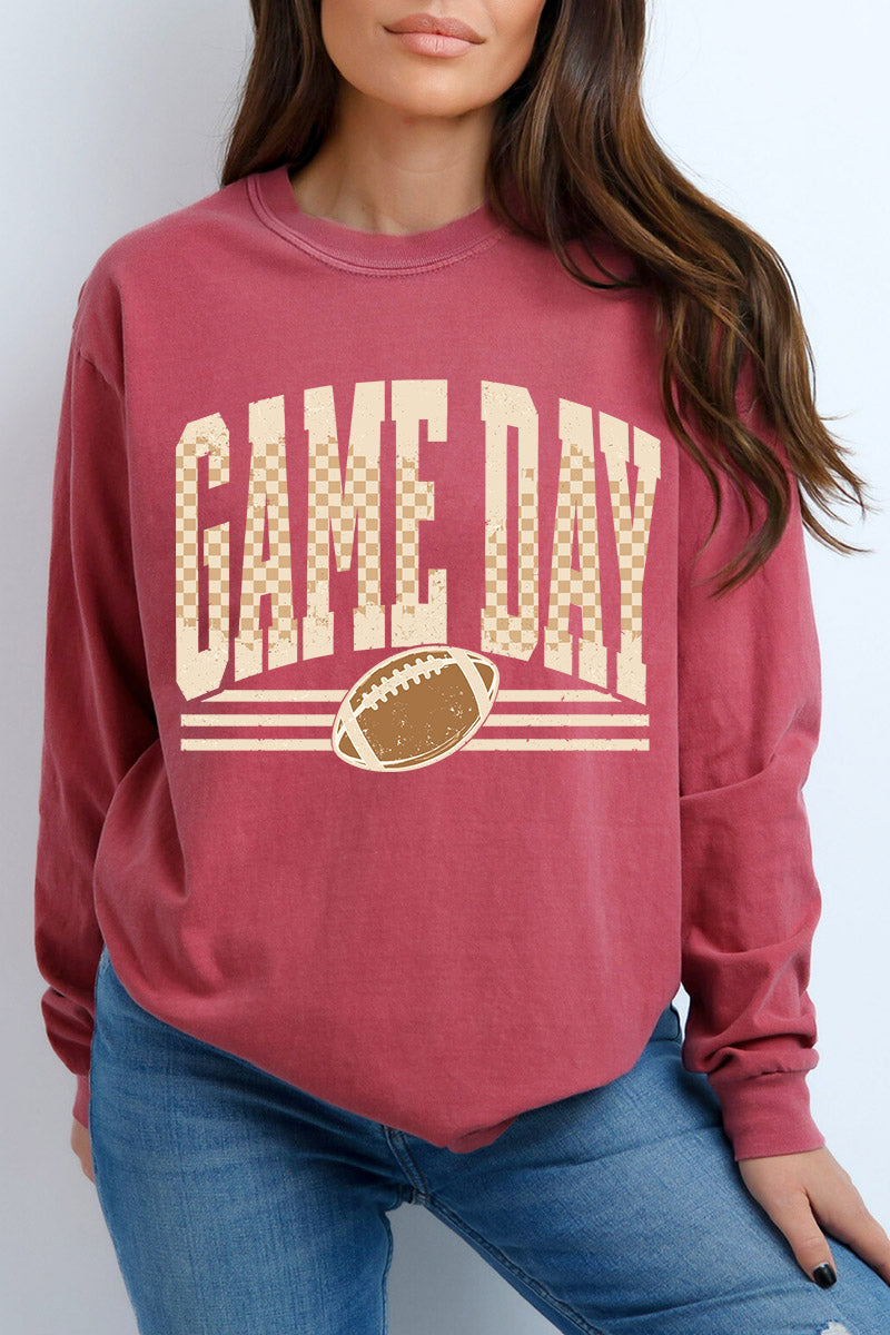 Checkered Taupe Game Day Comfort Colors Heavyweight Long T-Shirt