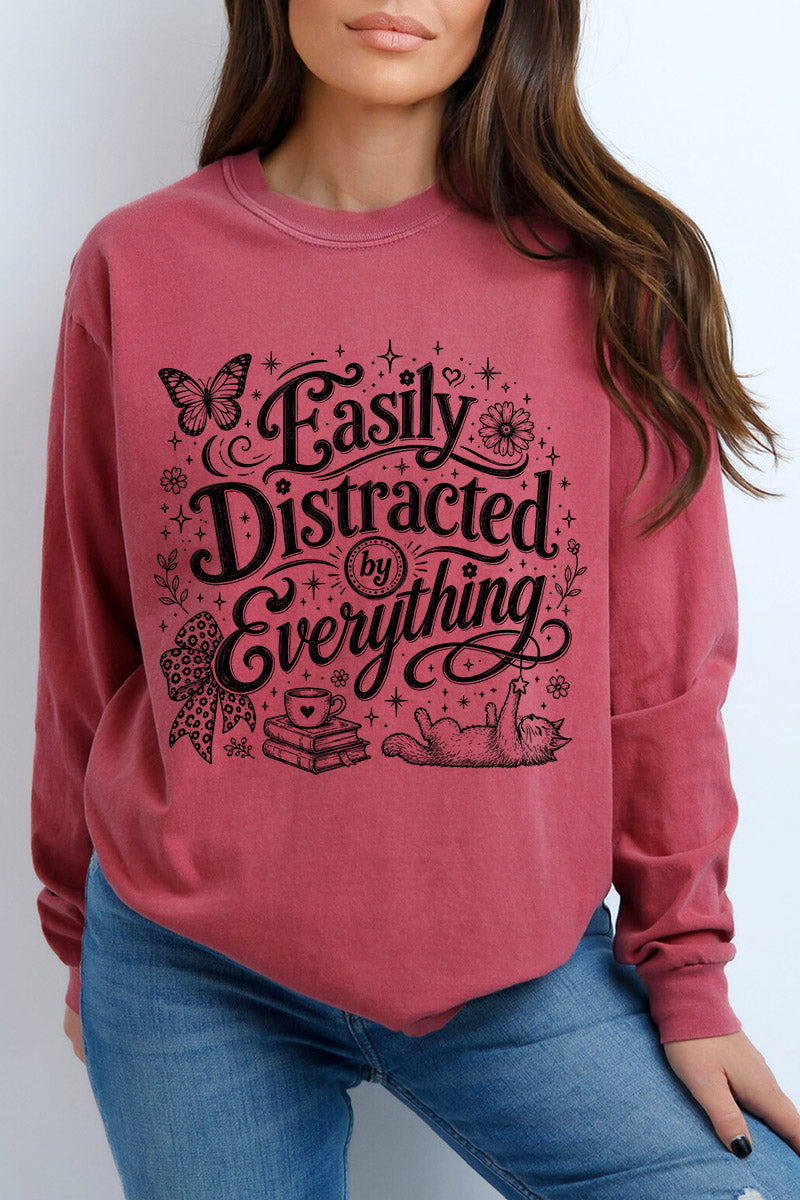 Black Easily Distracted By Everything Comfort Colors Heavyweight Long T-Shirt
