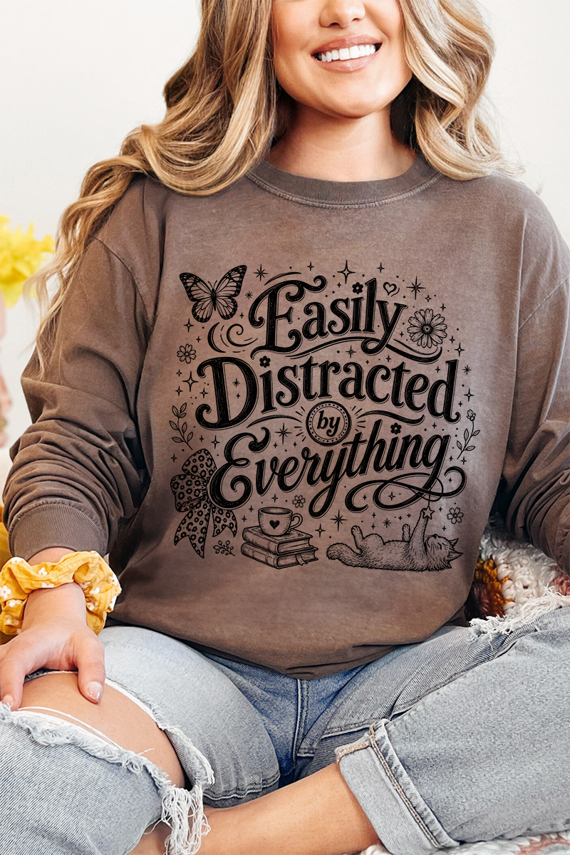 Black Easily Distracted By Everything Comfort Colors Heavyweight Long T-Shirt