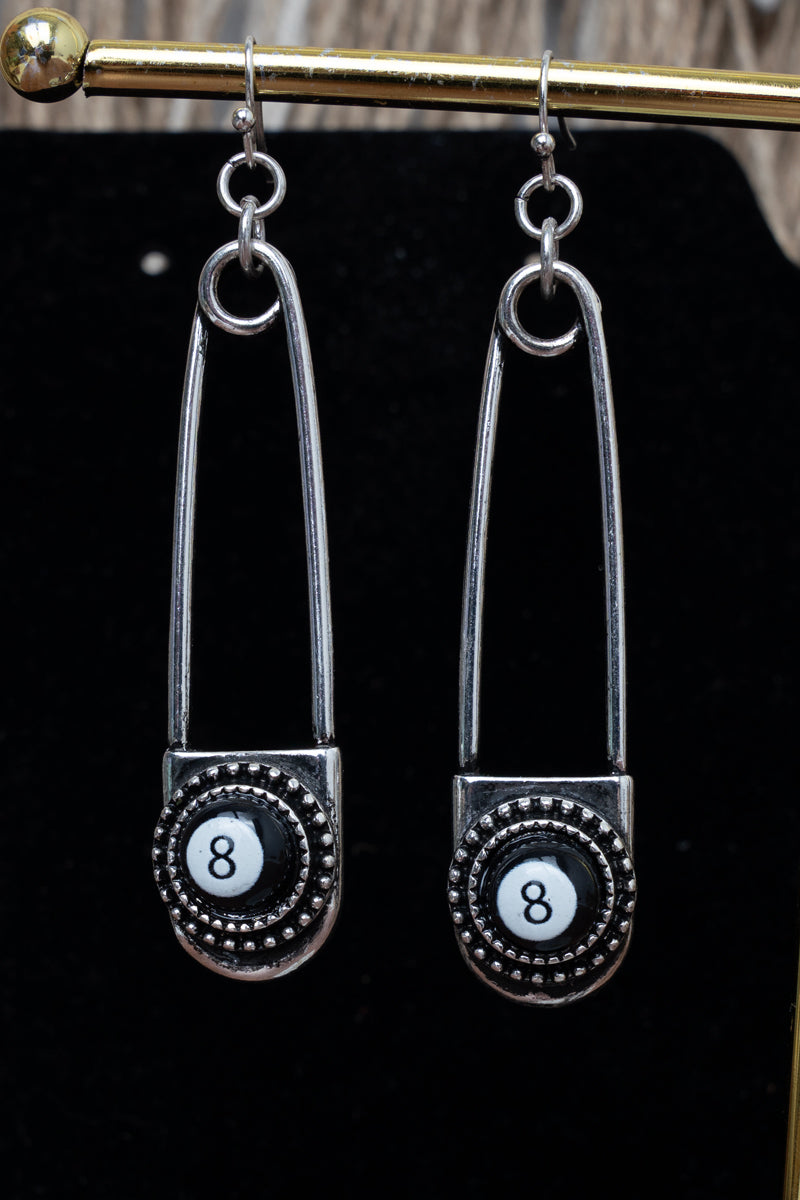 TIPI 8 Ball Safety Pin Silvertone Earrings