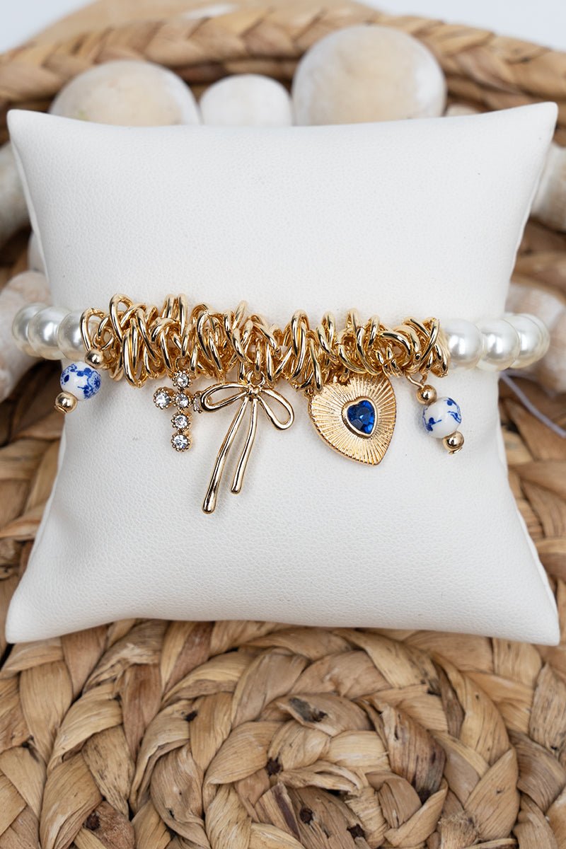 Blue Petals & Promises Pearl Charm Bracelet - Wholesale Accessory Market