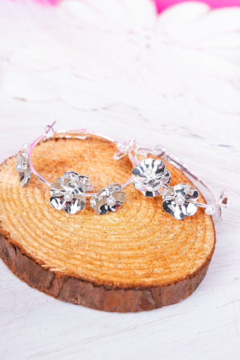 Petals and Pearls Silvertone Hoop Earrings - Wholesale Accessory Market