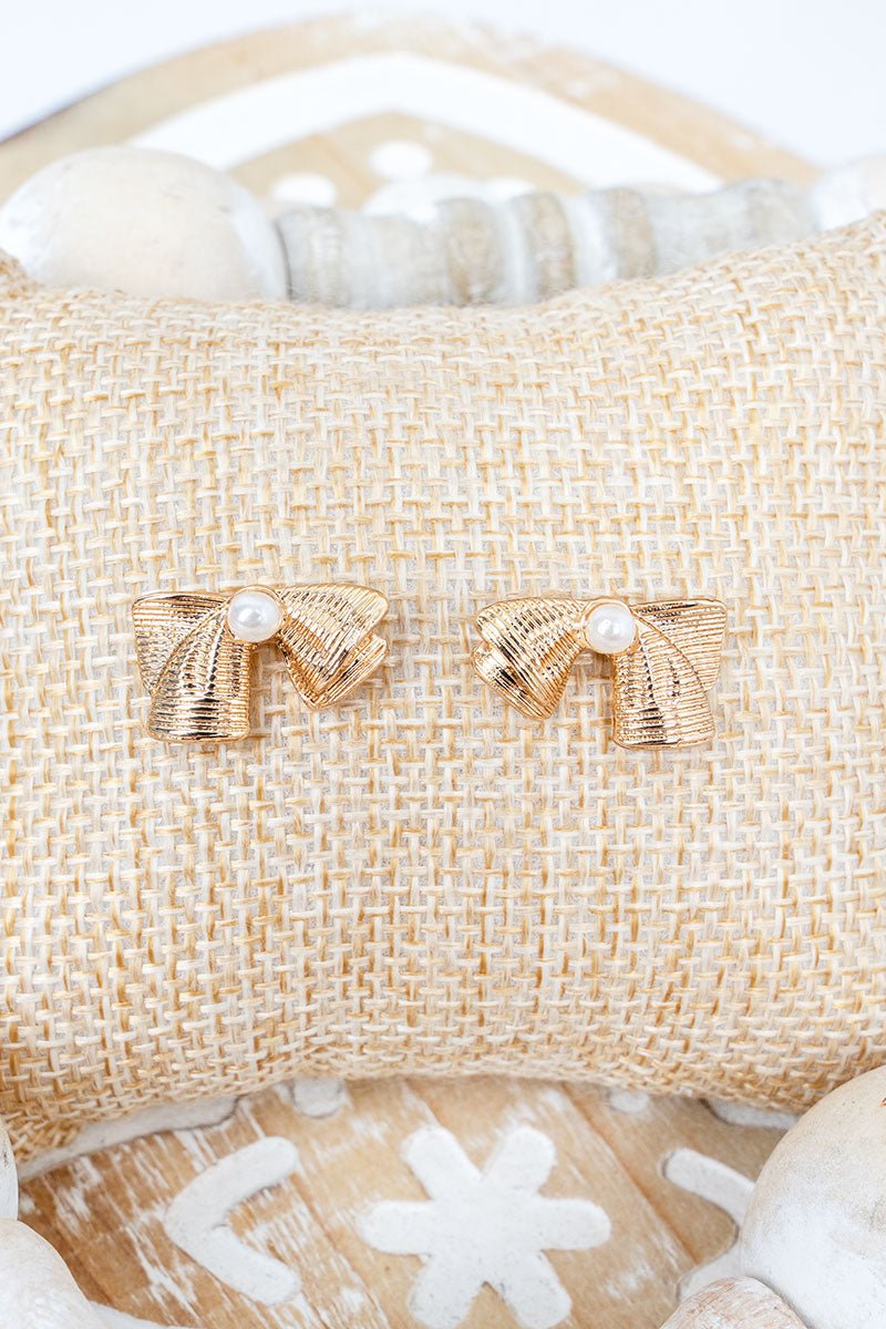 Pearls & Poise Goldtone Bow Earrings - Wholesale Accessory Market