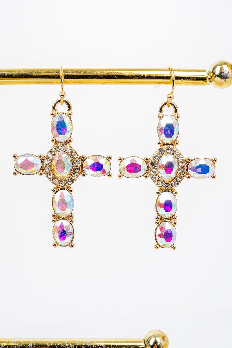 Iridescent Heavenly Radiance Cross Goldtone Earrings - Wholesale Accessory Market