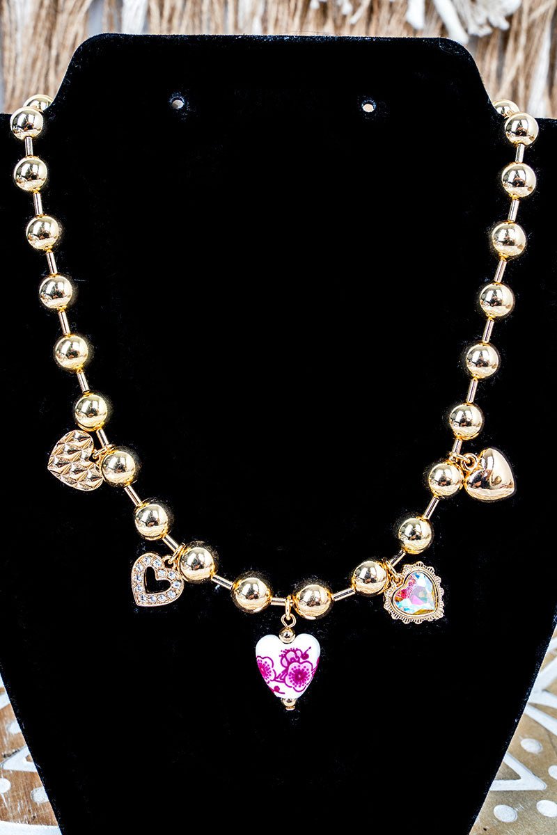 Pink Floral Lighthearted Love Silvertone Bead Charm Necklace - Wholesale Accessory Market
