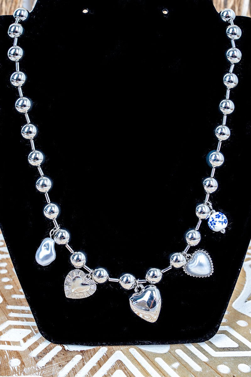 Blue Floral Heirloom Heart Silvertone Bead Charm Necklace - Wholesale Accessory Market