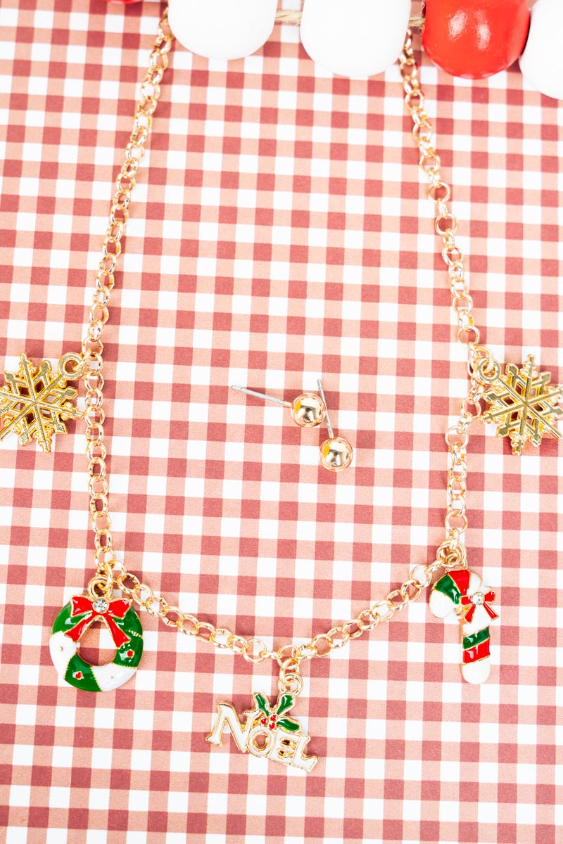 Holly Jolly Magic Goldtone Charm Necklace and Earring Set - Wholesale Accessory Market