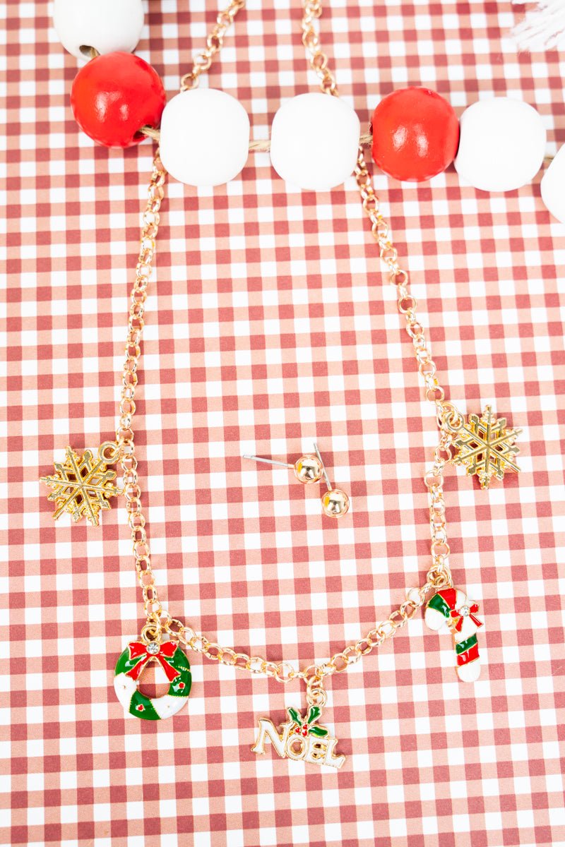 Holly Jolly Magic Goldtone Charm Necklace and Earring Set - Wholesale Accessory Market