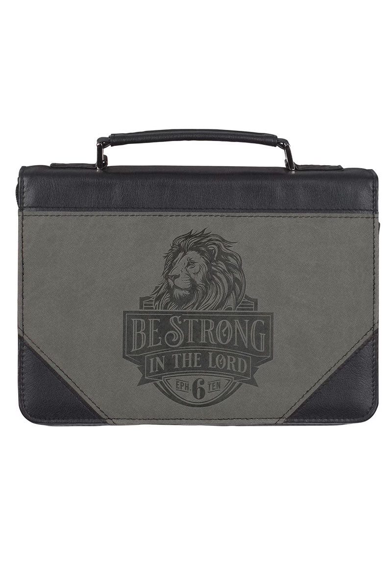 Strong In The Lord Black & Gray Lion Faux Leather Large Bible Cover - Wholesale Accessory Market