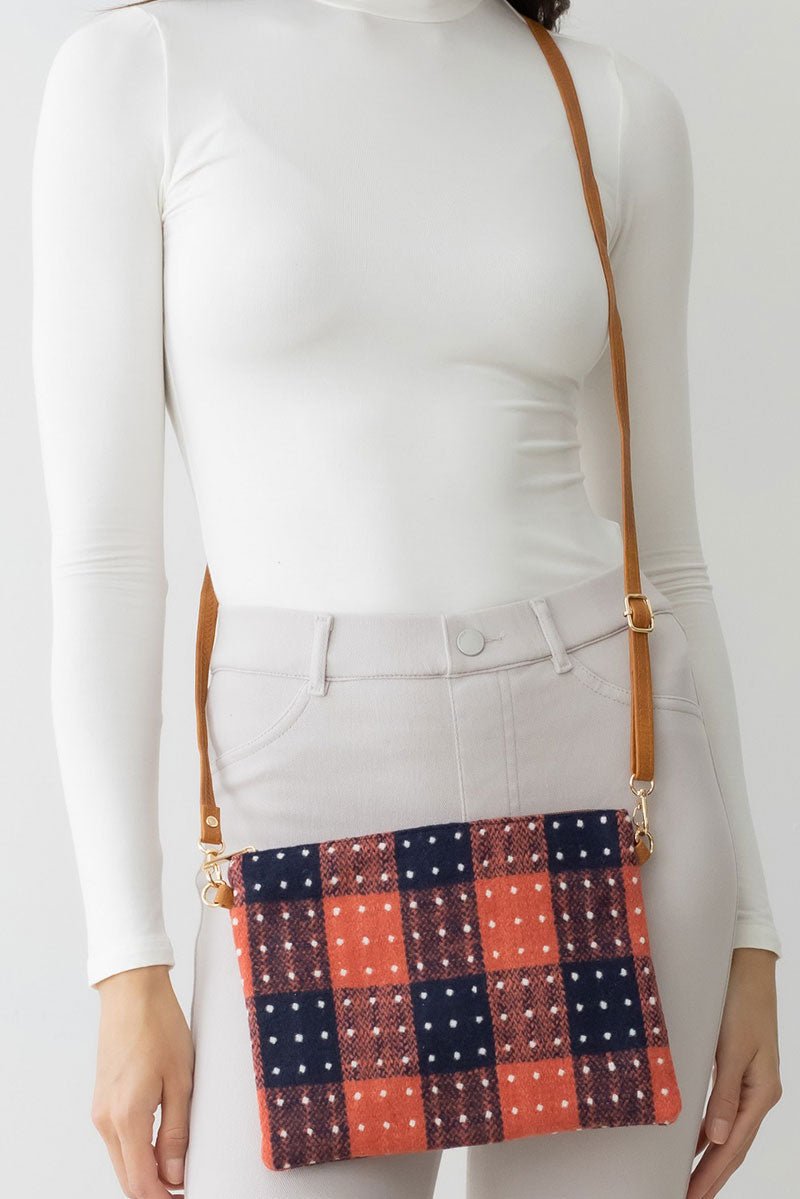 Be Clever Campfire Check Crossbody Clutch, Orange - Wholesale Accessory Market