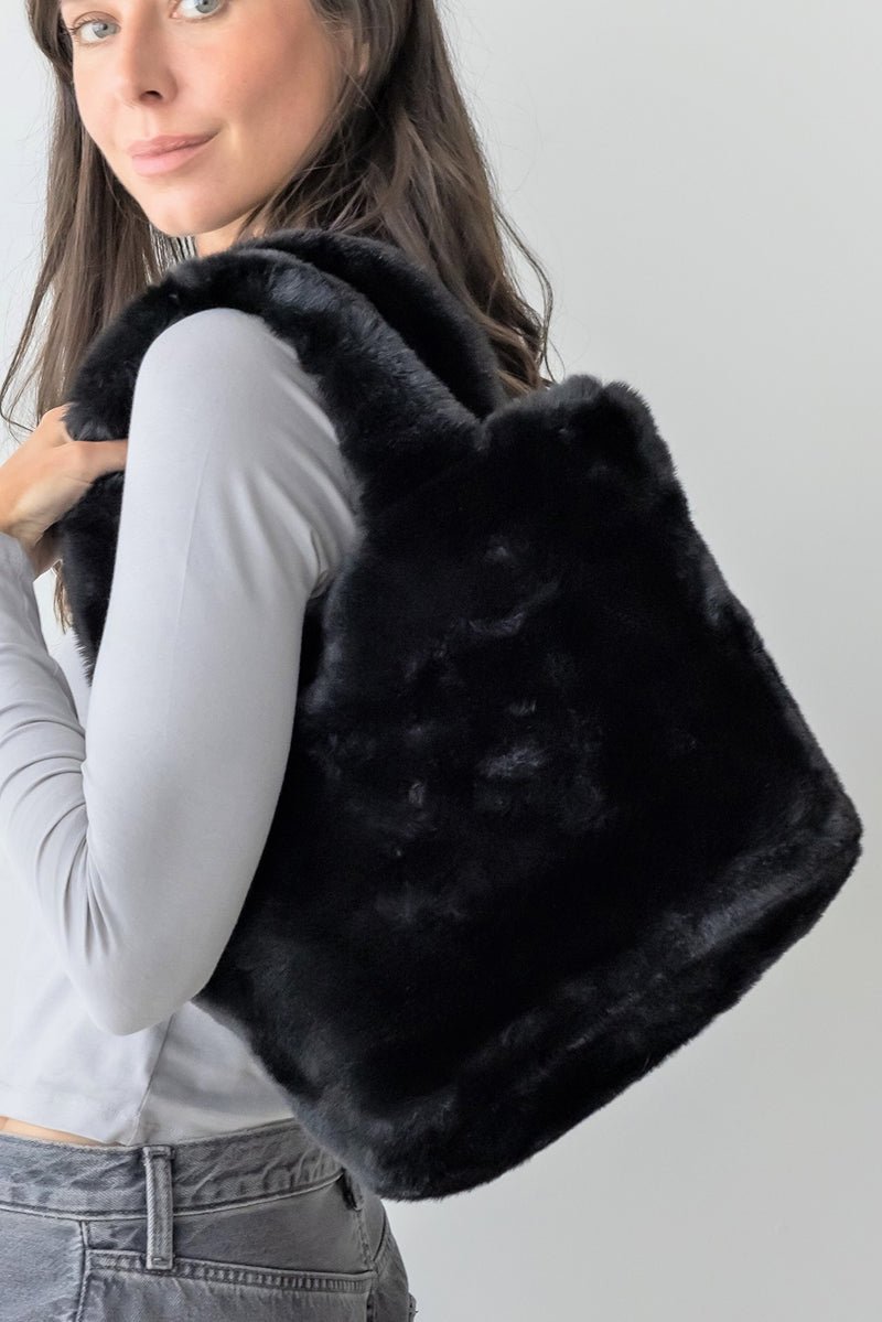 Be Clever Cozy Intentions Black Faux Fur Tote Bag - Wholesale Accessory Market