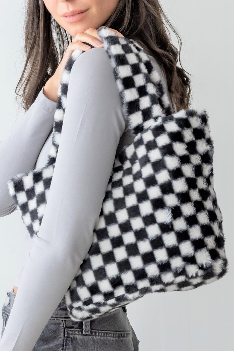 Be Clever Cabin Check Black Faux Fur Tote Bag - Wholesale Accessory Market