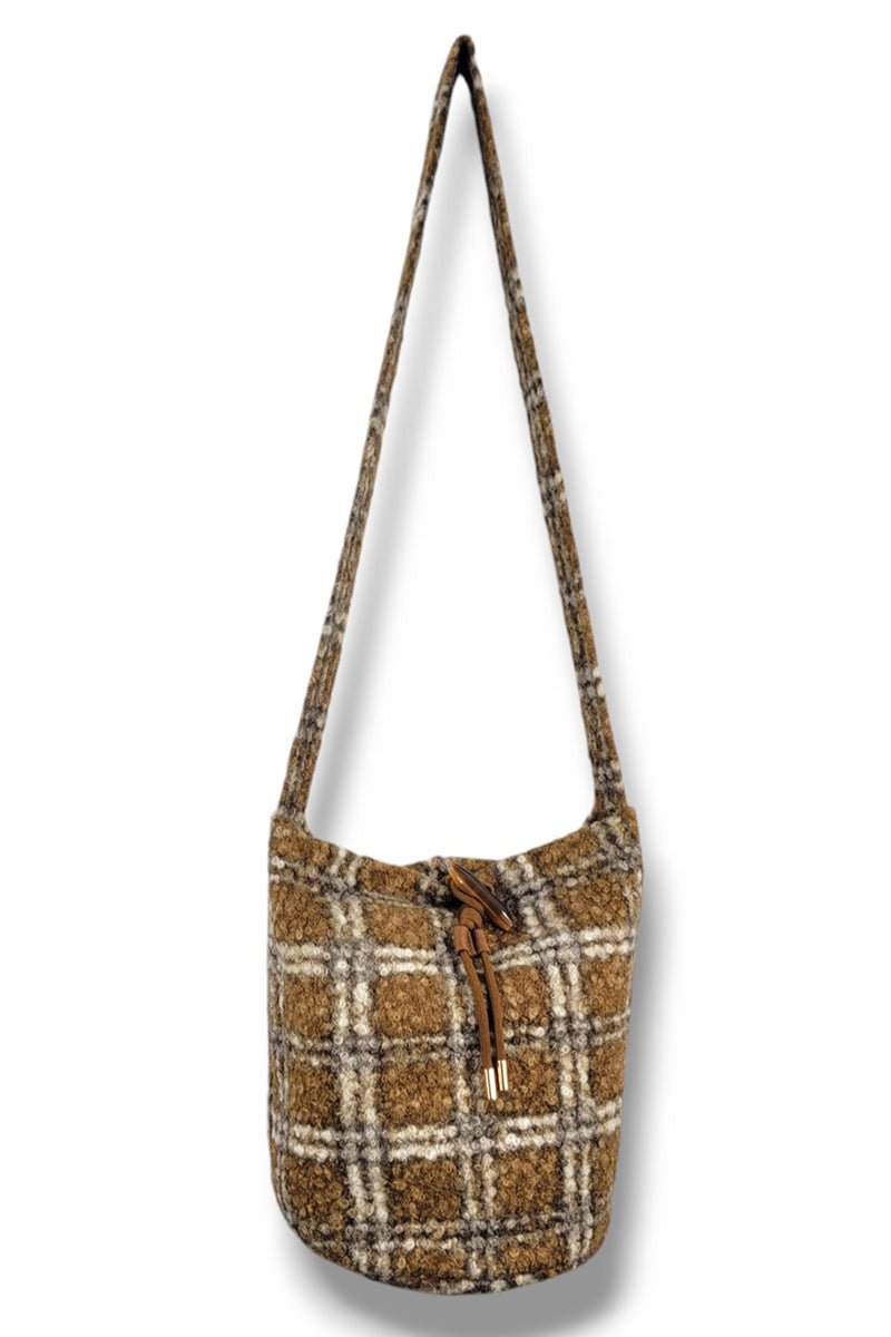 Be Clever Maple Lodge Brown Plaid Knit Bucket Bag - Wholesale Accessory Market