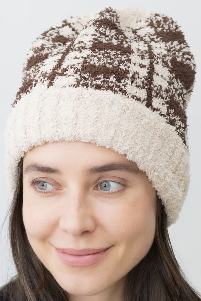 Be Clever Cabin Cozy Plaid Beanie, Beige - Wholesale Accessory Market