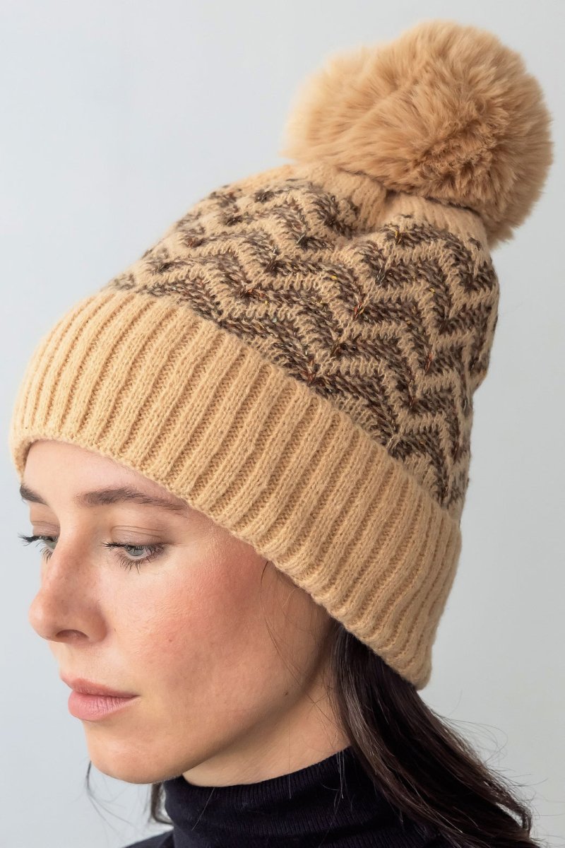Be Clever Cedar Crest Pom Pom Beanie, Camel - Wholesale Accessory Market