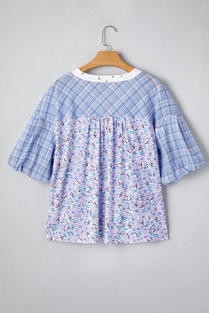 Colorblock Crush Beau Blue Bubble Sleeve Blouse - Wholesale Accessory Market