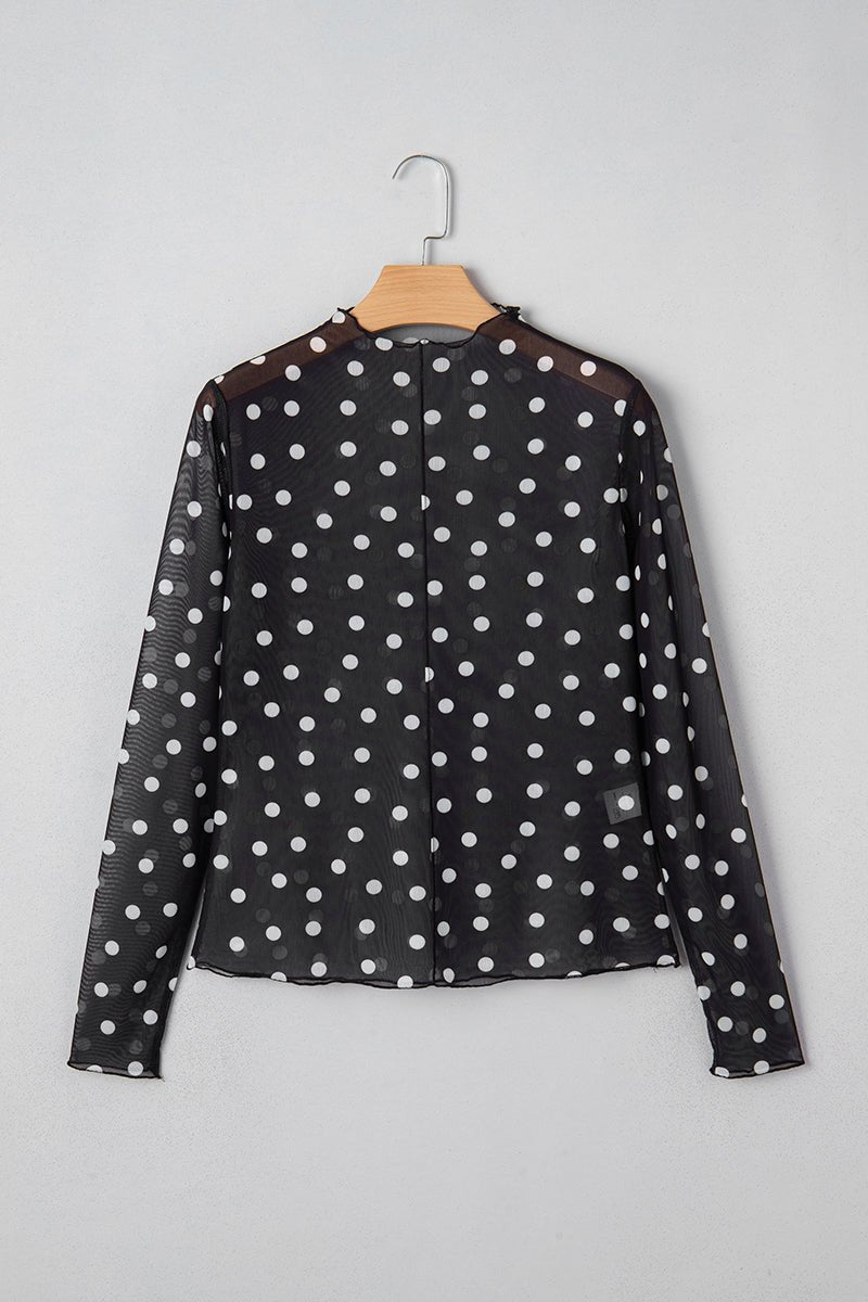 Playful Polka Black Mock Neck Slim Mesh Top - Wholesale Accessory Market