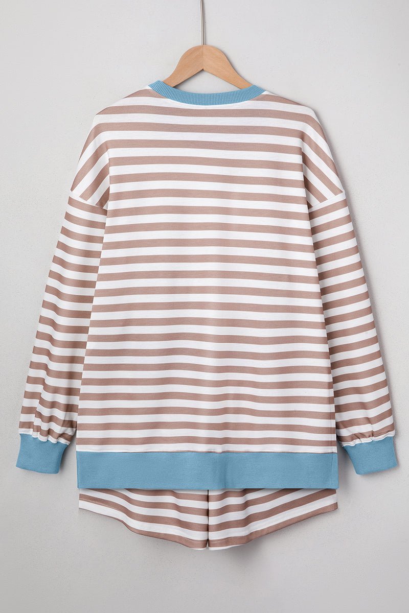 Portside Lounge Khaki Stripe Oversized Pullover and Shorts Set - Wholesale Accessory Market