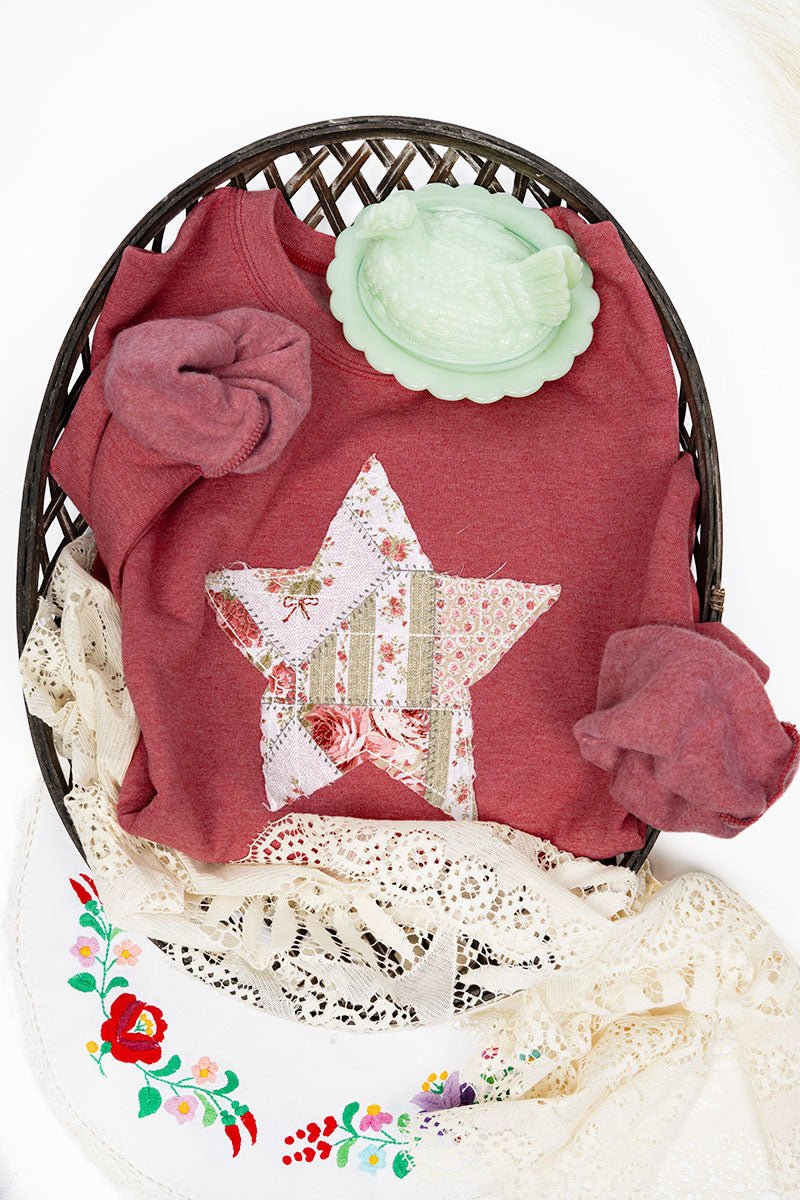 Star In Bloom Patchwork Applique Heavy Blend Crew Sweatshirt - Wholesale Accessory Market