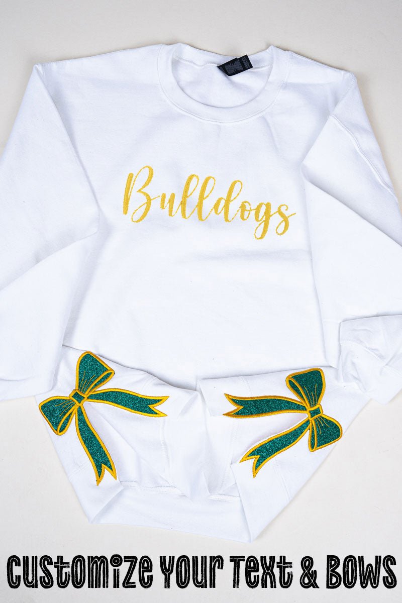 Youth White You Design It Embroidered Side Bows Heavy - weight Crew Sweatshirt *Customize Your Text and Bows - Wholesale Accessory Market