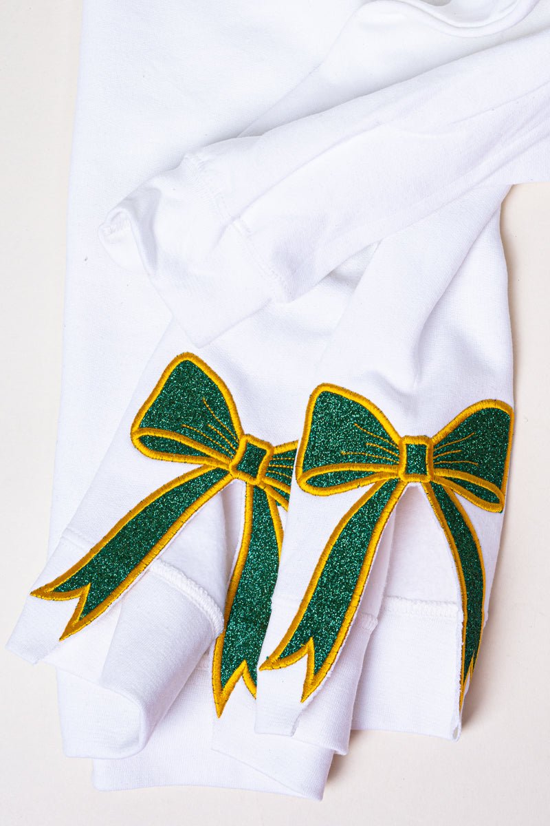 Youth White You Design It Embroidered Side Bows Heavy - weight Crew Sweatshirt *Customize Your Text and Bows - Wholesale Accessory Market