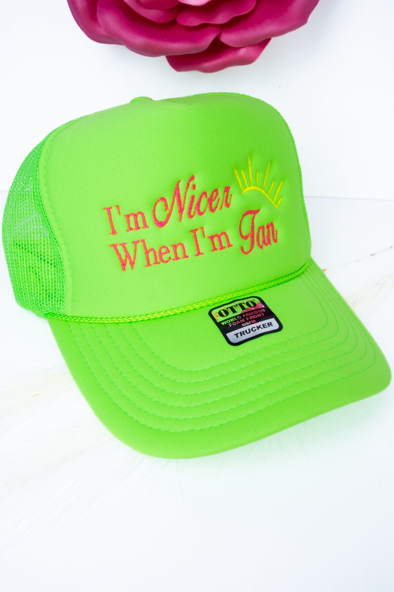 Nicer When I'm Tan Embroidered Otto Neon Green Foam Front Trucker Hat - Wholesale Accessory Market