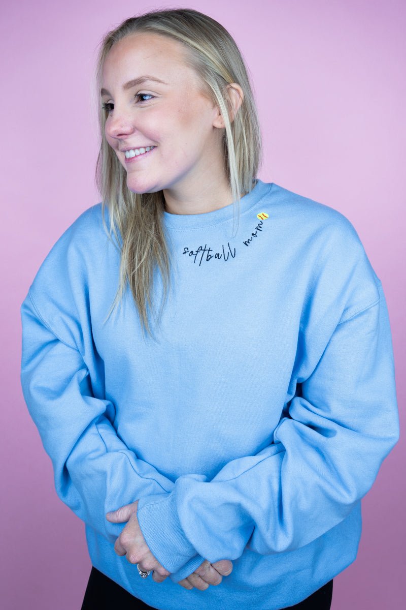Embroidered Softball Mom Neckline Unisex NuBlend Crew Sweatshirt *Choose Thread Color - Wholesale Accessory Market