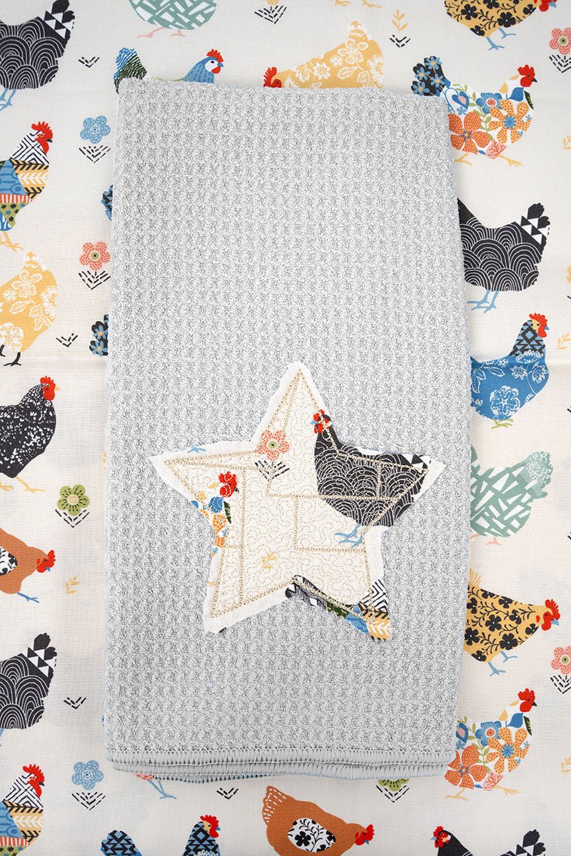 Barn Star Rooster Patchwork Applique Gray Waffle Kitchen Towel - Wholesale Accessory Market