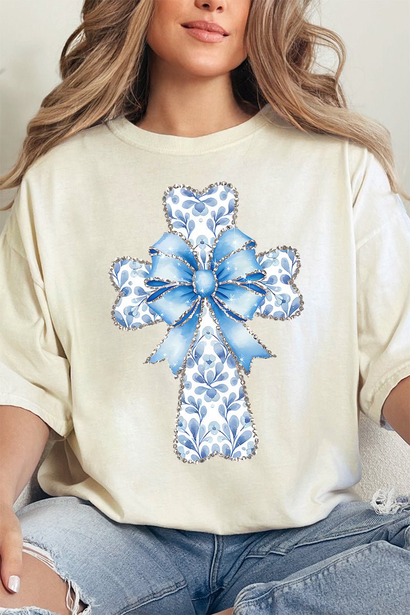 Blue Chinoiserie Cross Comfort Colors Adult Ring - Spun Cotton Tee - Wholesale Accessory Market