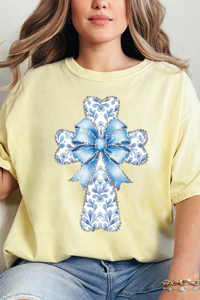 Blue Chinoiserie Cross Comfort Colors Adult Ring - Spun Cotton Tee - Wholesale Accessory Market