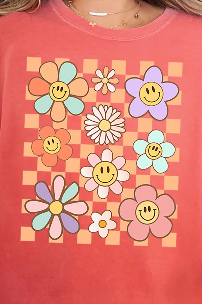 Checkered Happy Florals Comfort Colors Adult Ring - Spun Cotton Tee - Wholesale Accessory Market
