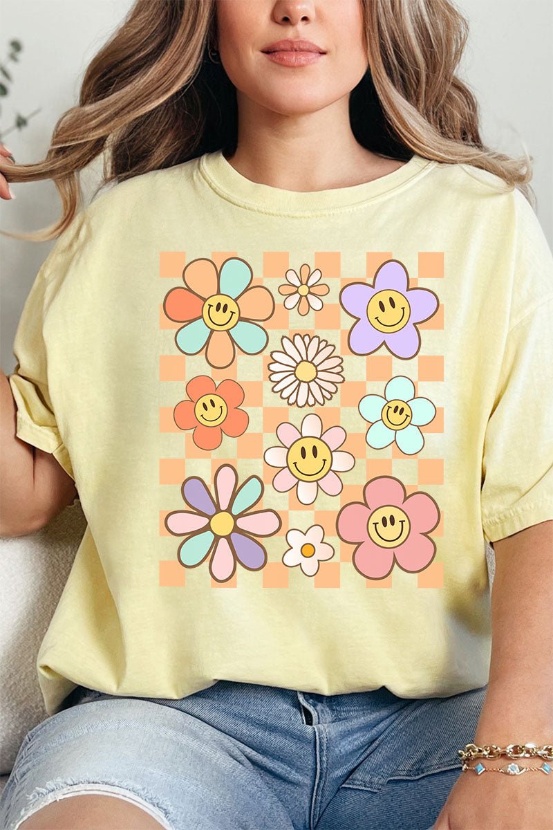Checkered Happy Florals Comfort Colors Adult Ring - Spun Cotton Tee - Wholesale Accessory Market