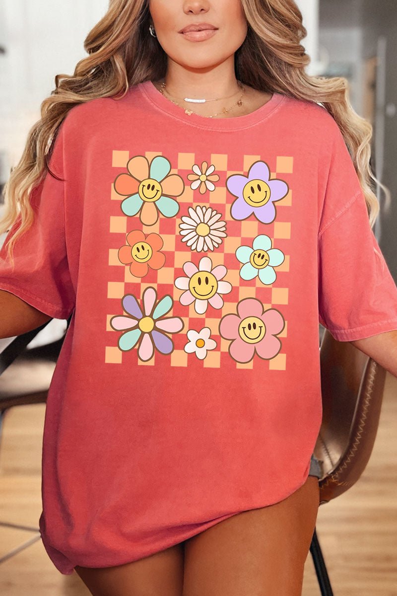 Checkered Happy Florals Comfort Colors Adult Ring - Spun Cotton Tee - Wholesale Accessory Market