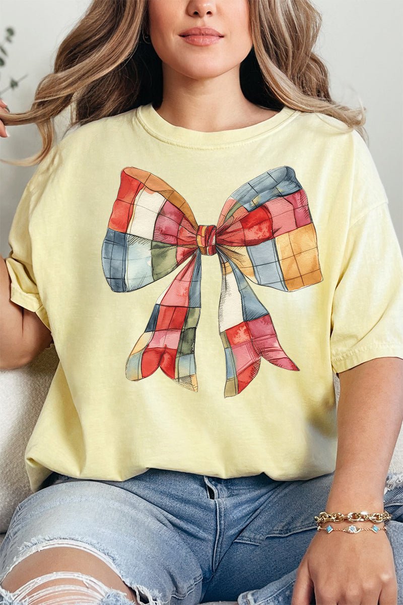 Faux Patchwork Red Bow Comfort Colors Adult Ring - Spun Cotton Tee - Wholesale Accessory Market