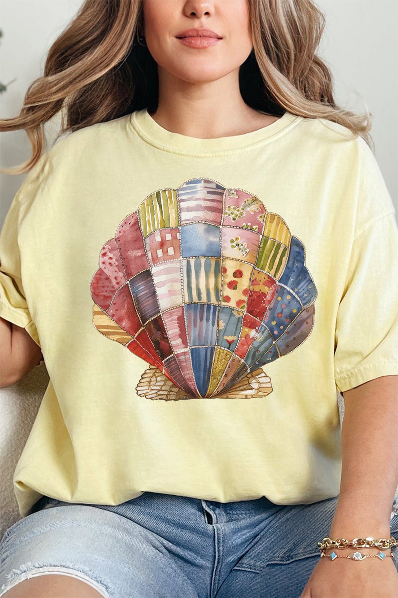 Faux Patchwork Seashell Comfort Colors Adult Ring - Spun Cotton Tee - Wholesale Accessory Market