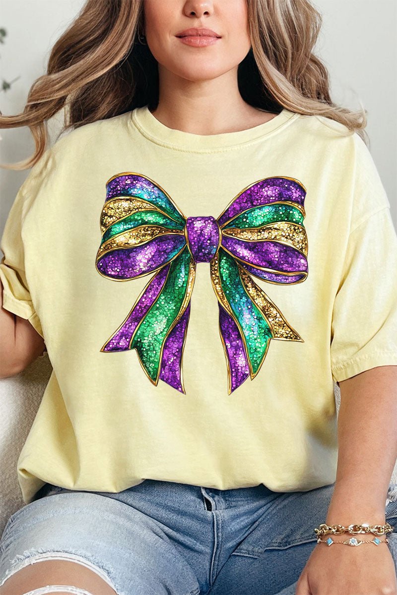 Glitzy Mardi Gras Bow Comfort Colors Adult Ring - Spun Cotton Tee - Wholesale Accessory Market