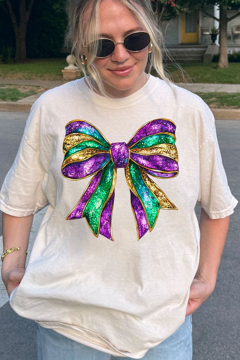 Glitzy Mardi Gras Bow Comfort Colors Adult Ring - Spun Cotton Tee - Wholesale Accessory Market