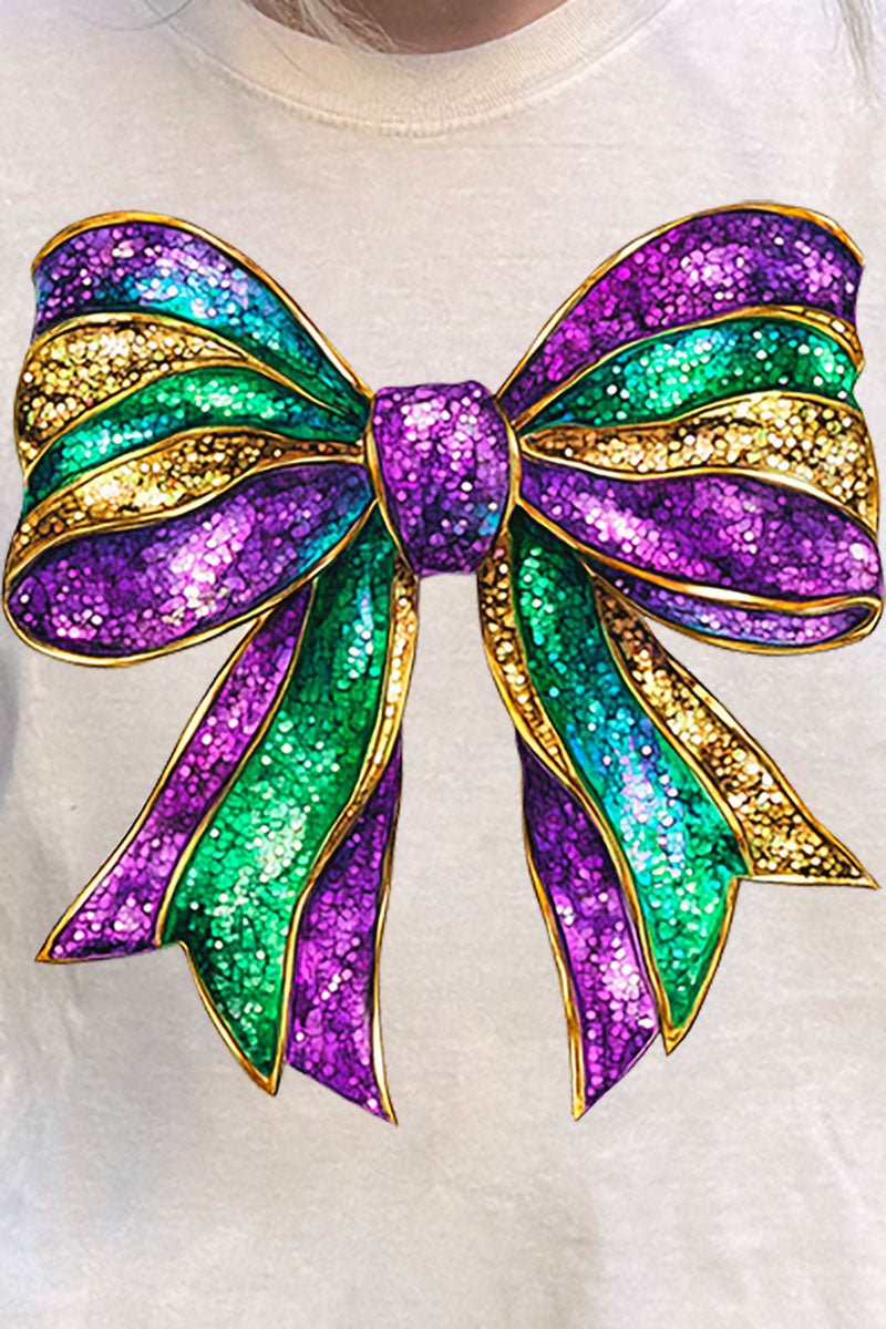 Glitzy Mardi Gras Bow Comfort Colors Adult Ring - Spun Cotton Tee - Wholesale Accessory Market