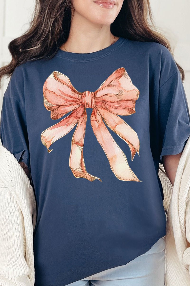 Peach Watercolor Bow Comfort Colors Adult Ring - Spun Cotton Tee - Wholesale Accessory Market