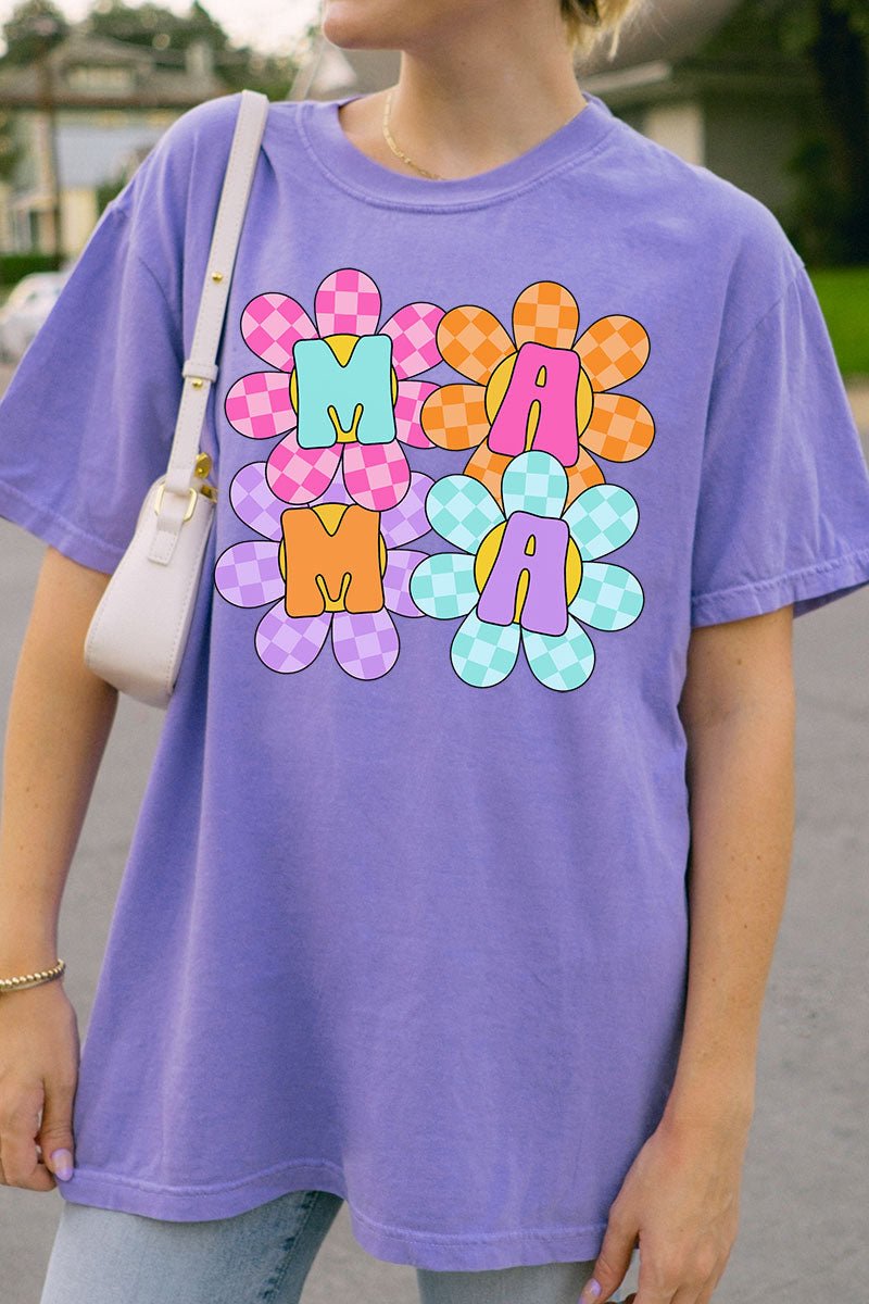 Retro Floral Checkered Mama Comfort Colors Adult Ring - Spun Cotton Tee - Wholesale Accessory Market
