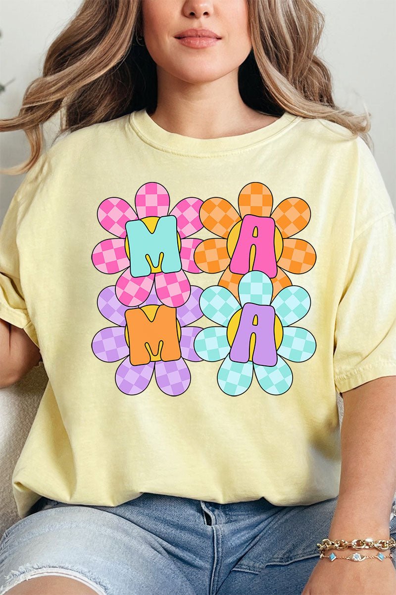 Retro Floral Checkered Mama Comfort Colors Adult Ring - Spun Cotton Tee - Wholesale Accessory Market