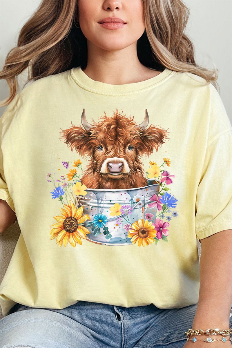Springtime Highland Cow Comfort Colors Adult Ring - Spun Cotton Tee - Wholesale Accessory Market