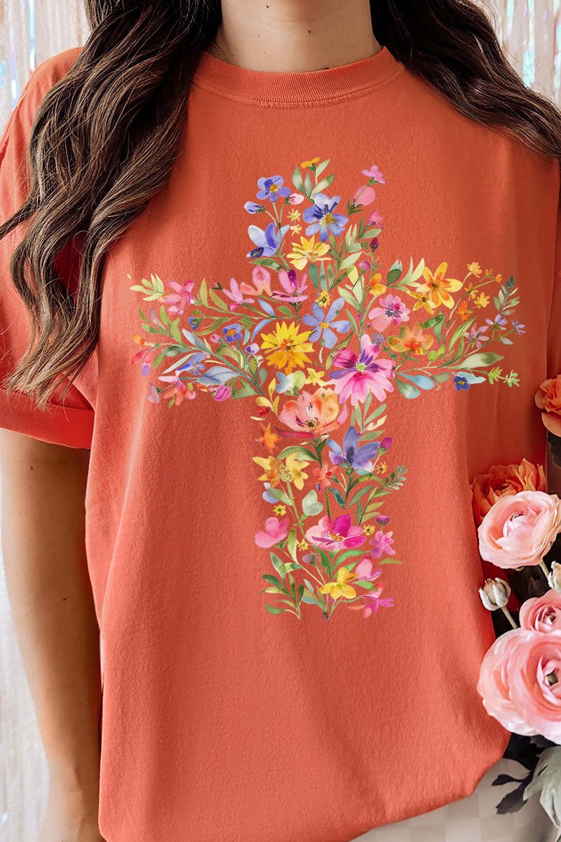 Watercolor Floral Cross Comfort Colors Adult Ring - Spun Cotton Tee - Wholesale Accessory Market
