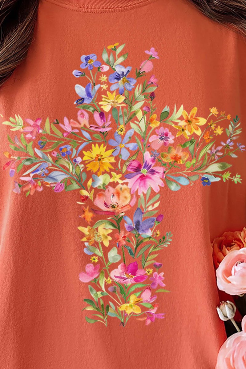 Watercolor Floral Cross Comfort Colors Adult Ring - Spun Cotton Tee - Wholesale Accessory Market