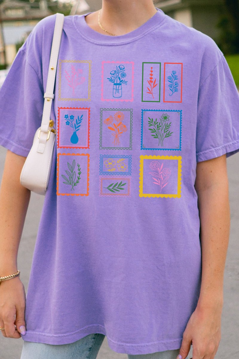 Whimsical Floral Stamps Comfort Colors Adult Ring - Spun Cotton Tee - Wholesale Accessory Market